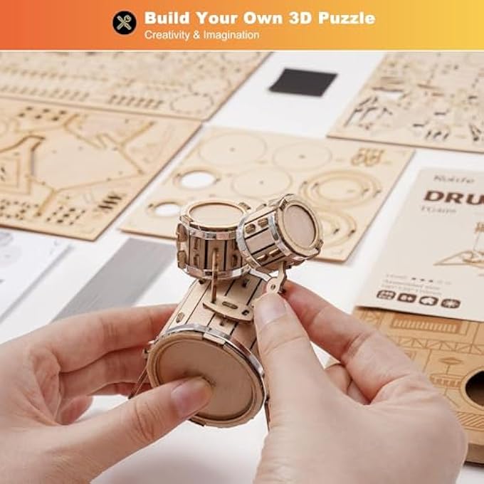 3D WOODEN PUZZLE MODEL KIT, ENGAGING MUSICAL INSTRUMENT DRUM SET CRAFT PROJECT FOR ADULTS AND TEENS, CREATIVE HOBBY GIFT AND DESK DECOR (179 CHARS) - Image 3